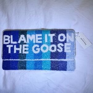 Francesca’s Blame It On The Goose Blue Stripe Beaded Flap Clutch Purse w Strap